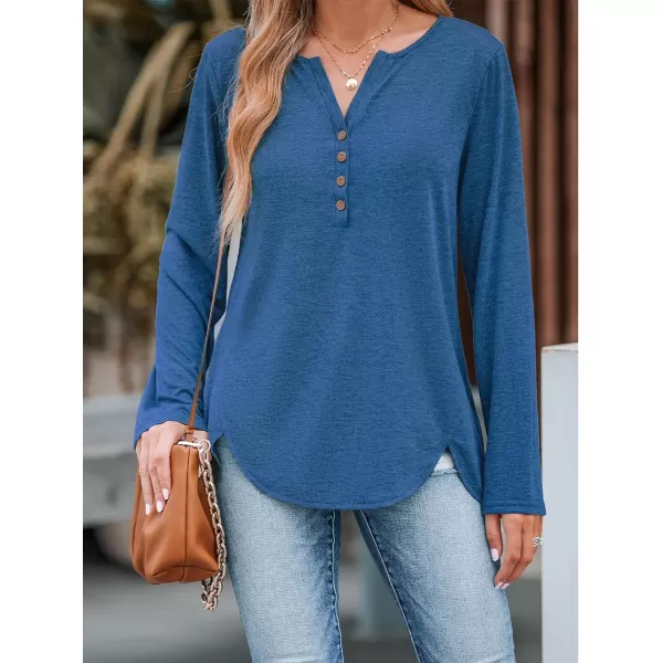 imageCUPSHE Women Shirts Slub Knit Henley Tee Long Sleeves Button Front BlousesBlue