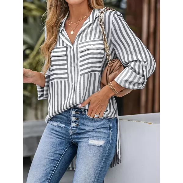 imageCUPSHE Women Shirts Striped Pocket Tops Long Sleeves Rolltabs Button Front BlousesGrey