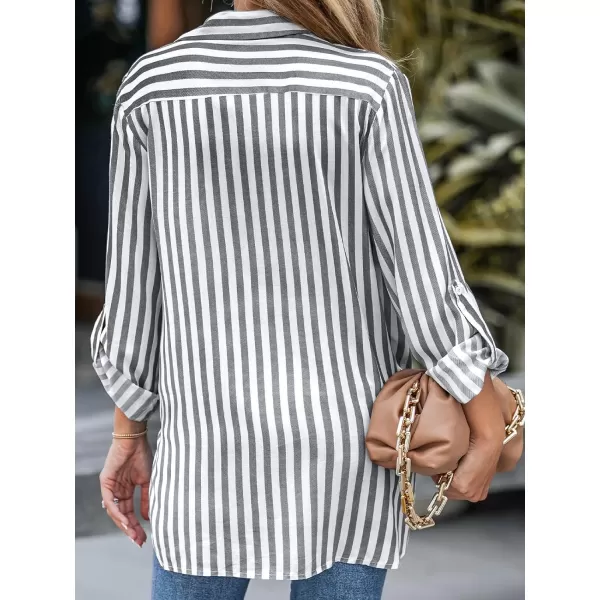 imageCUPSHE Women Shirts Striped Pocket Tops Long Sleeves Rolltabs Button Front BlousesGrey