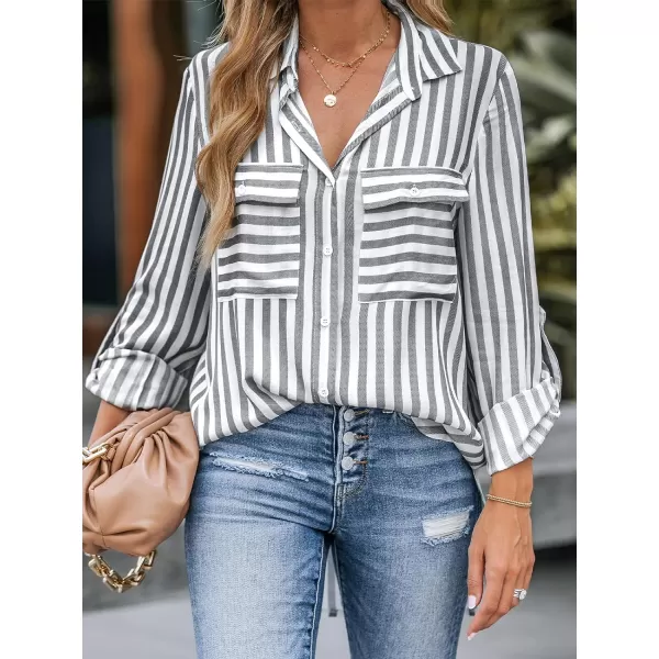 imageCUPSHE Women Shirts Striped Pocket Tops Long Sleeves Rolltabs Button Front BlousesGrey