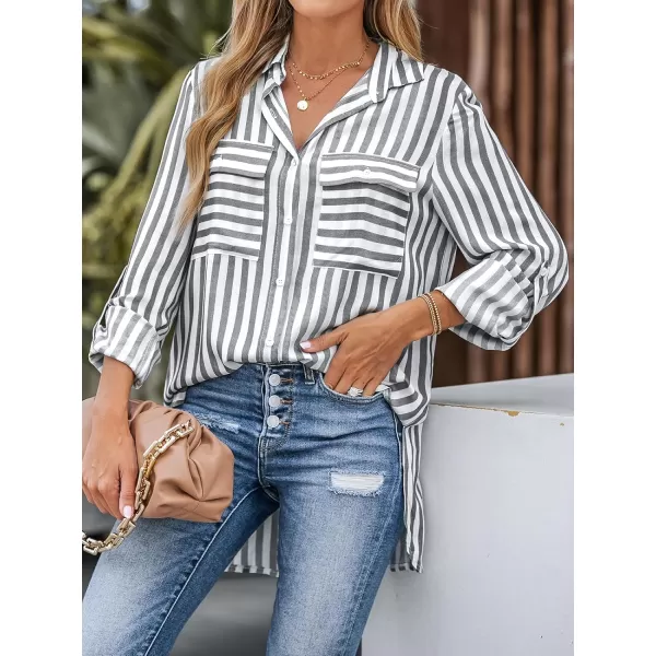 imageCUPSHE Women Shirts Striped Pocket Tops Long Sleeves Rolltabs Button Front BlousesGrey