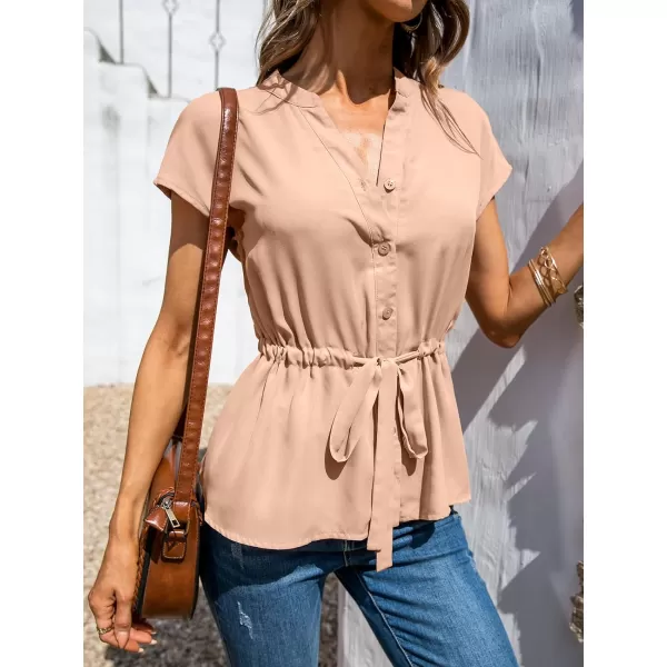 imageCUPSHE Women Short Dolman Sleeves ButtonFront Top Drawstring Tie Waist BlouseBeige