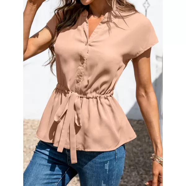 imageCUPSHE Women Short Dolman Sleeves ButtonFront Top Drawstring Tie Waist BlouseBeige