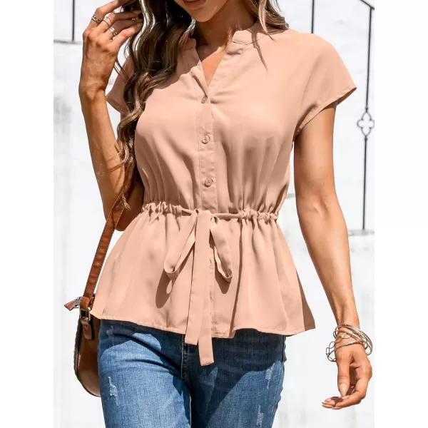 imageCUPSHE Women Short Dolman Sleeves ButtonFront Top Drawstring Tie Waist BlouseBeige