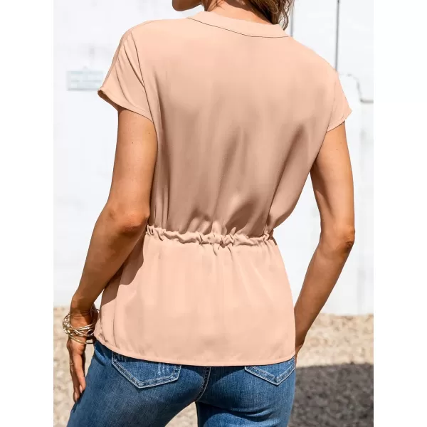 imageCUPSHE Women Short Dolman Sleeves ButtonFront Top Drawstring Tie Waist BlouseBeige
