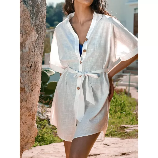 imageCUPSHE Women Short Sleeve Bow Tie Coverup Dress Sexy Beach Button Front Cover Up Casual SummerWhite