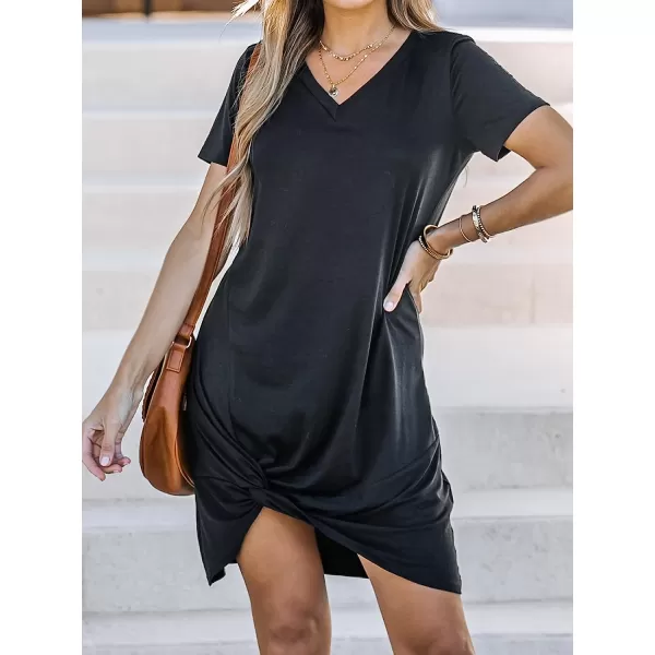 imageCUPSHE Women Short Sleeve Casual Shirts Dress Summer VNeck Twisted Mini Knit DressesBlack