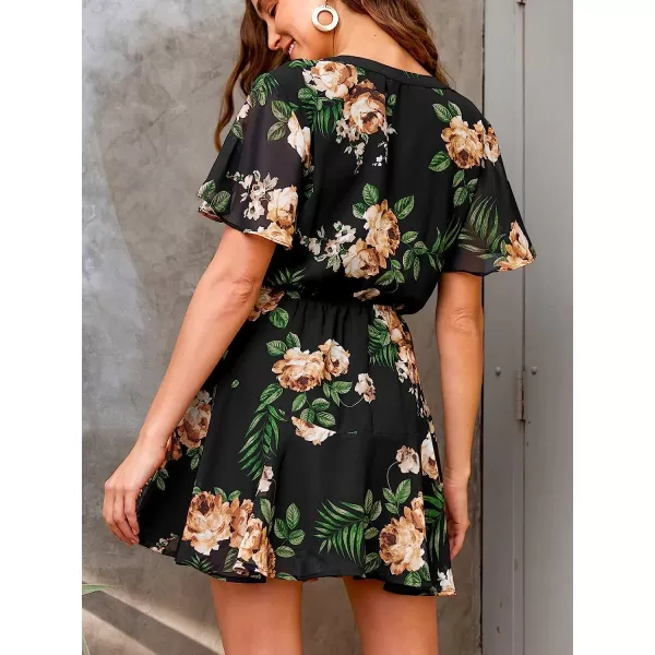 imageCUPSHE Women Short Sleeve Floral Print Mini Dress Drawstring Aline Dress with ButtonBlackfloral