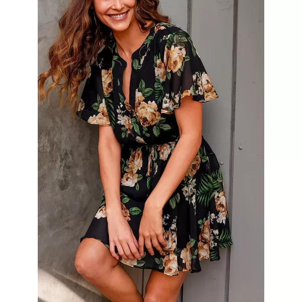 imageCUPSHE Women Short Sleeve Floral Print Mini Dress Drawstring Aline Dress with ButtonBlackfloral
