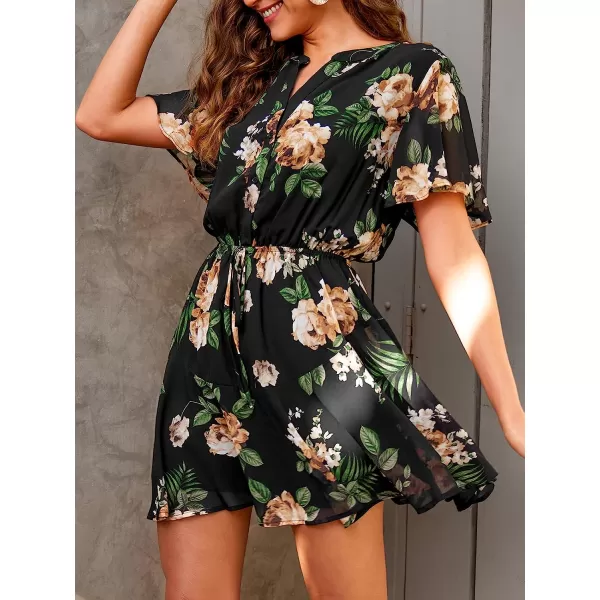 imageCUPSHE Women Short Sleeve Floral Print Mini Dress Drawstring Aline Dress with ButtonBlackfloral