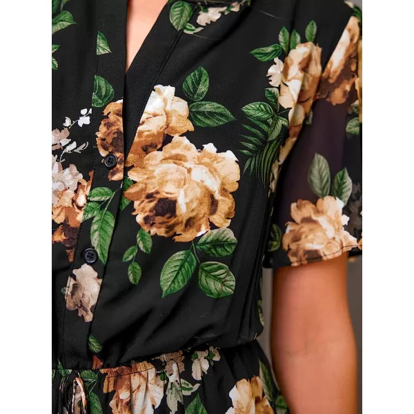 imageCUPSHE Women Short Sleeve Floral Print Mini Dress Drawstring Aline Dress with ButtonBlackfloral