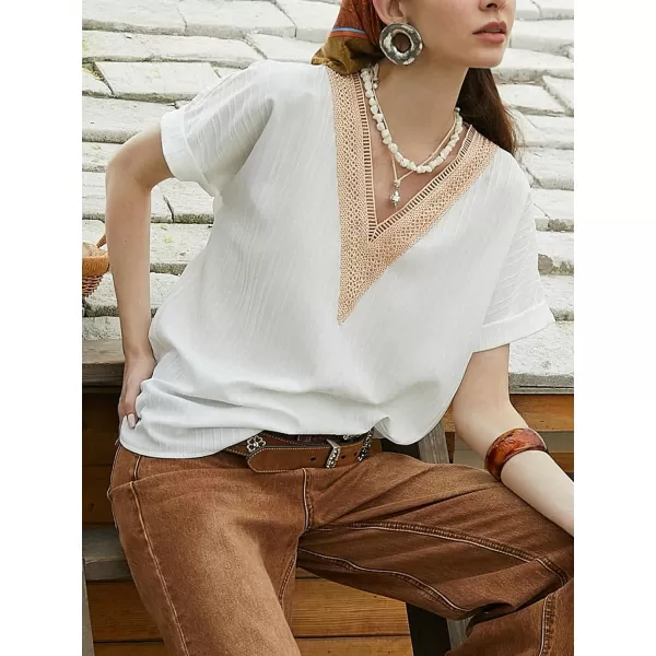 imageCUPSHE Women Short Sleeve Tops Summer Lace Trim V Neck Blouses Fashion Tops Casual ShirtsWhite