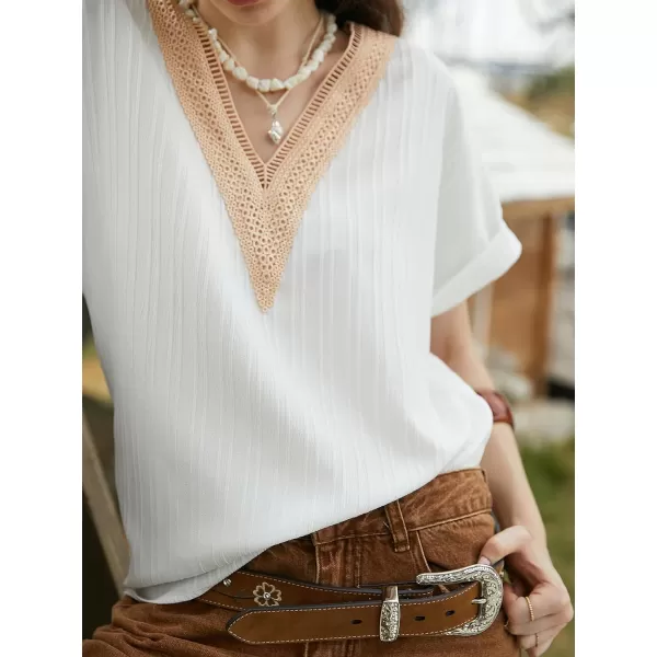 imageCUPSHE Women Short Sleeve Tops Summer Lace Trim V Neck Blouses Fashion Tops Casual ShirtsWhite