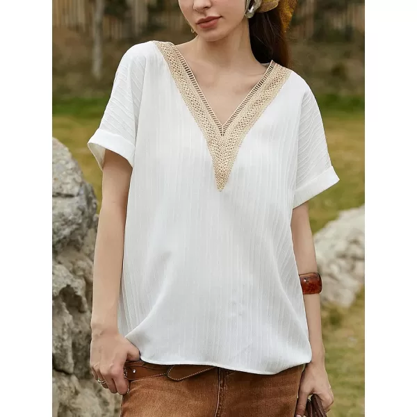 imageCUPSHE Women Short Sleeve Tops Summer Lace Trim V Neck Blouses Fashion Tops Casual ShirtsWhite