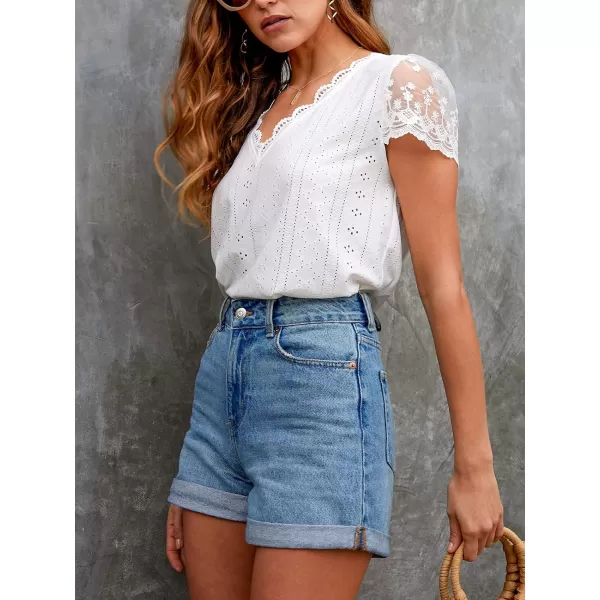 imageCUPSHE Women Short Sleeve VNeck Lace Trims Tops Summer Cute White TeesWhite