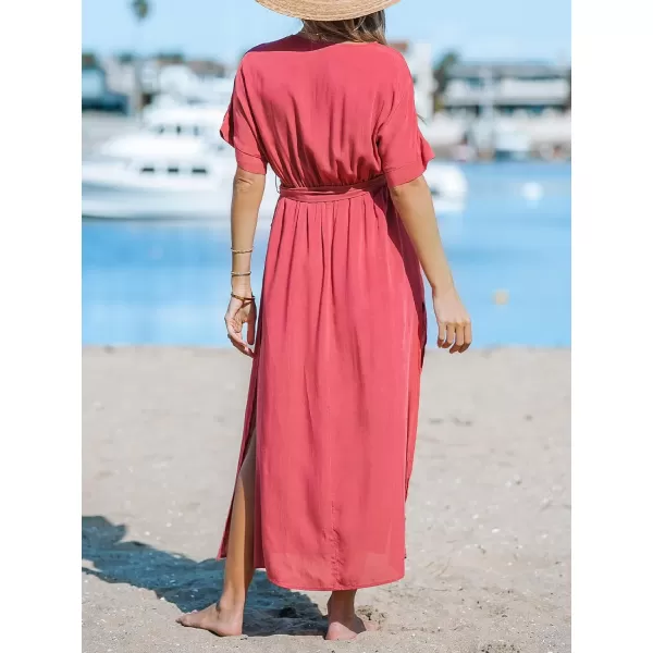 imageCUPSHE Women Short Sleeve Wrap VNeck Side Slit Maxi Dress with Belted Beach Cover Ups DressesPink