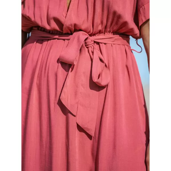 imageCUPSHE Women Short Sleeve Wrap VNeck Side Slit Maxi Dress with Belted Beach Cover Ups DressesPink
