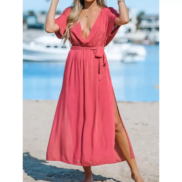 imageCUPSHE Women Short Sleeve Wrap VNeck Side Slit Maxi Dress with Belted Beach Cover Ups DressesPink