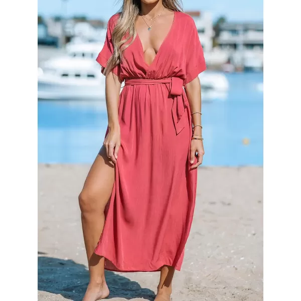 imageCUPSHE Women Short Sleeve Wrap VNeck Side Slit Maxi Dress with Belted Beach Cover Ups DressesPink
