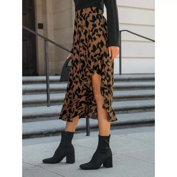 imageCUPSHE Women Skirts Leopard Print Ruffled High Low Skirt High Waist Long SkirtsBrown