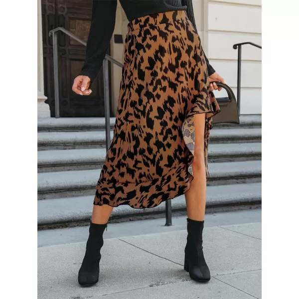 imageCUPSHE Women Skirts Leopard Print Ruffled High Low Skirt High Waist Long SkirtsBrown
