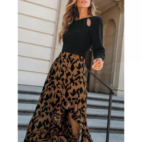 imageCUPSHE Women Skirts Leopard Print Ruffled High Low Skirt High Waist Long SkirtsBrown