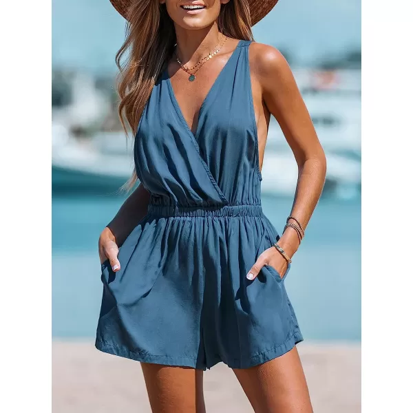 imageCUPSHE Women Sleeveless Woven Coverup Trousers Sleeveless V Neck Cover Up Casual SummerBlue