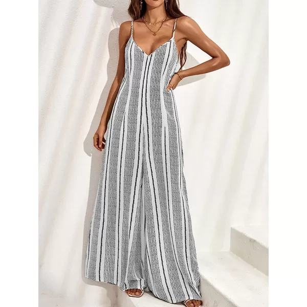 imageCUPSHE Women Slip Flare Jumpsuit Maxi V Neck Spaghetti Straps Belt Stripe Pattern Jumpsuit GreyGrey