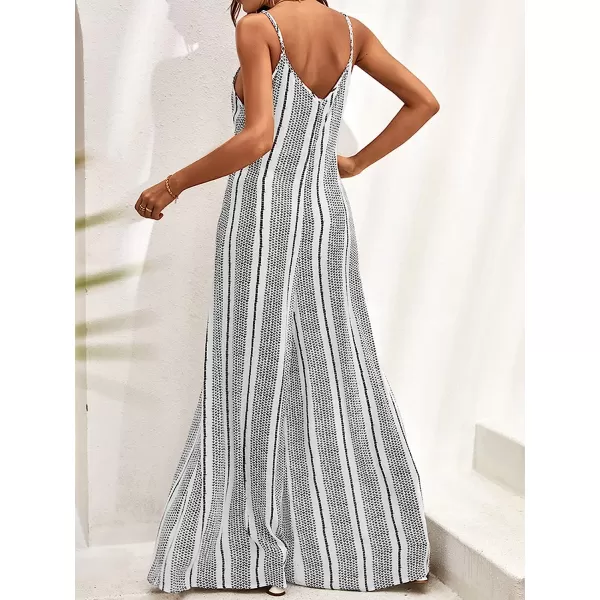 imageCUPSHE Women Slip Flare Jumpsuit Maxi V Neck Spaghetti Straps Belt Stripe Pattern Jumpsuit GreyGrey