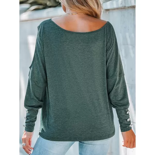 imageCUPSHE Women Slub Knit Cutout Blouse Top Boat Neck Long Gigot Sleeve TeeDark Green