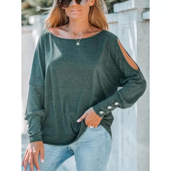 imageCUPSHE Women Slub Knit Cutout Blouse Top Boat Neck Long Gigot Sleeve TeeDark Green