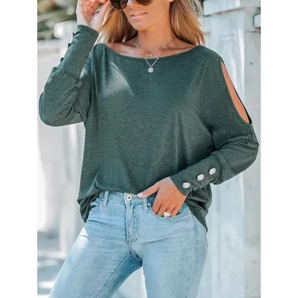 imageCUPSHE Women Slub Knit Cutout Blouse Top Boat Neck Long Gigot Sleeve TeeDark Green