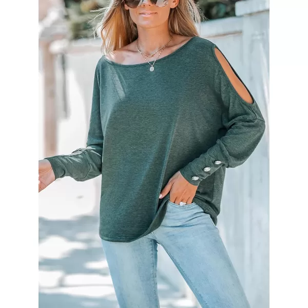 imageCUPSHE Women Slub Knit Cutout Blouse Top Boat Neck Long Gigot Sleeve TeeDark Green
