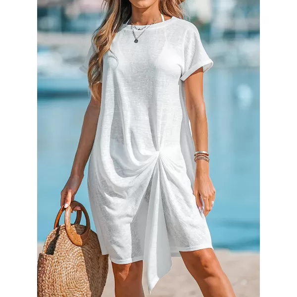 imageCUPSHE Women Slub Knit Twisted CoverUp TShirt Dress Short Sleeves Cover Ups Casual Beach SummerWhite