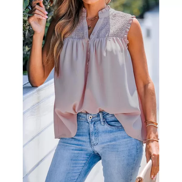 imageCUPSHE Women Smocked HalfPlacket Top Sleeveless Top Button Front Tee CasualPink