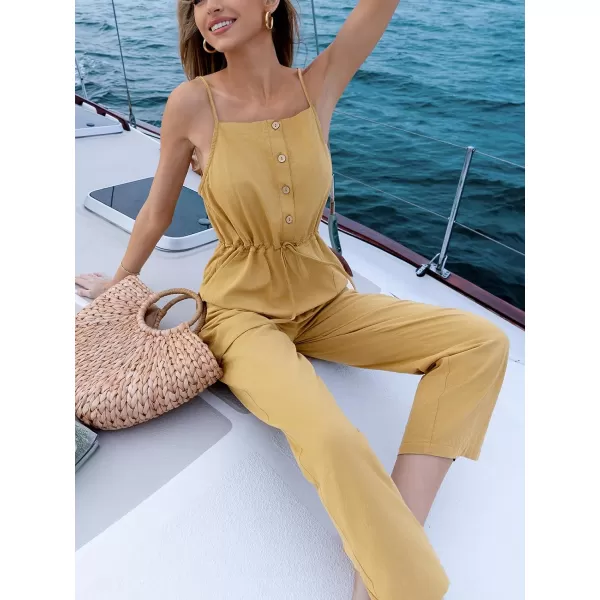 imageCUPSHE Women Spaghetti Strap Casual Jumpsuit Button Front Sleeveless Straight Leg Romper with PocketsBuff