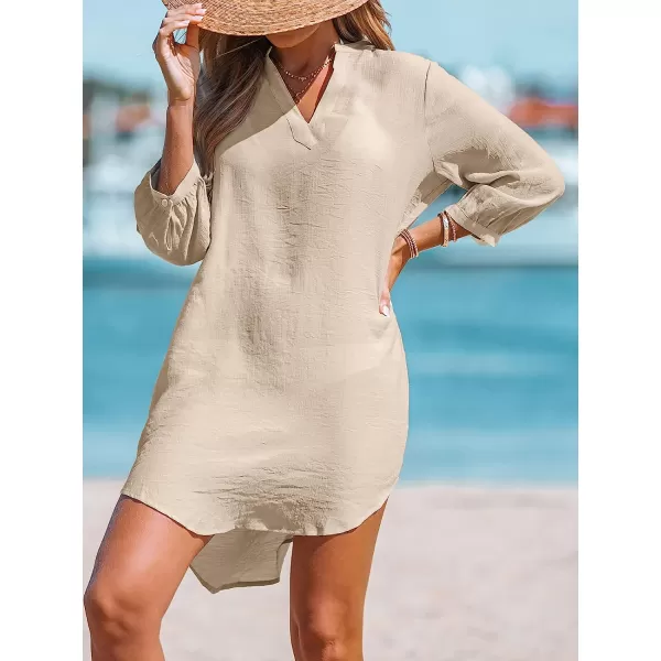 imageCUPSHE Women Split Neck CoverUp Dress Solid Shirts Casual Summer Cover Up TopsBeige
