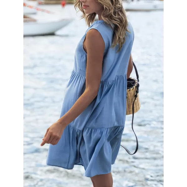 imageCUPSHE Women Split V Neck Ruffled Sleeveless Pleated Beach Summer Mini DressBlue