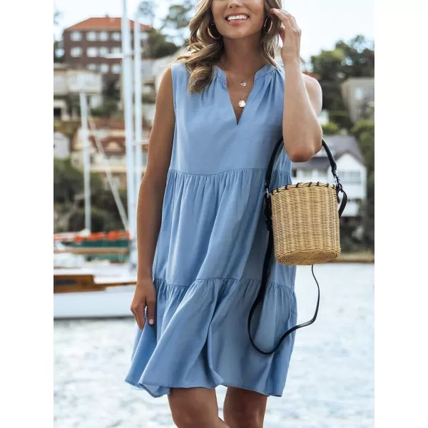 imageCUPSHE Women Split V Neck Ruffled Sleeveless Pleated Beach Summer Mini DressBlue