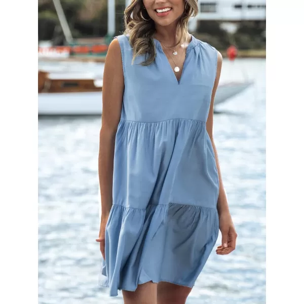 imageCUPSHE Women Split V Neck Ruffled Sleeveless Pleated Beach Summer Mini DressBlue