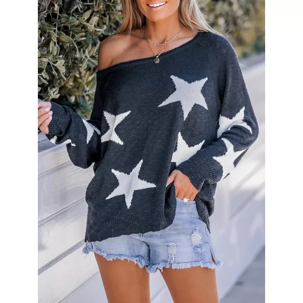 imageCUPSHE Women Star Print OneShoulder Sweater Ribbed Trim Long Dolman SleevesNavy