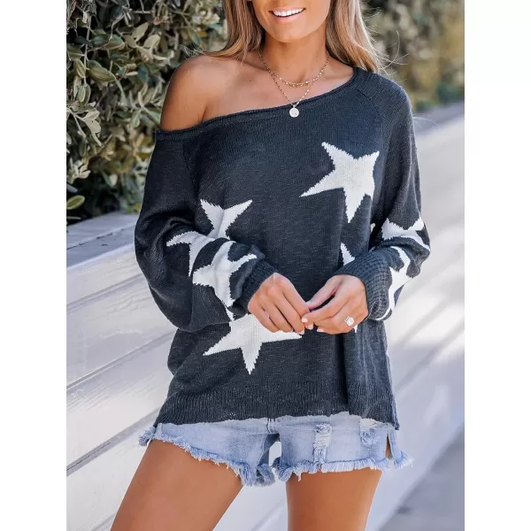 imageCUPSHE Women Star Print OneShoulder Sweater Ribbed Trim Long Dolman SleevesNavy