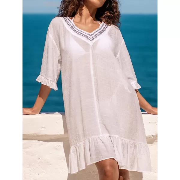 imageCUPSHE Women Stitching VNeck Flounce CoverUp Dress Short Sleeves Cover Ups Casual Beach SummerWhite