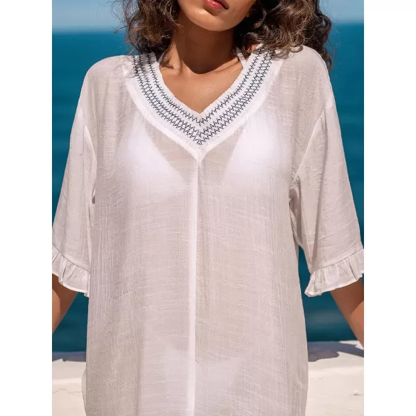imageCUPSHE Women Stitching VNeck Flounce CoverUp Dress Short Sleeves Cover Ups Casual Beach SummerWhite