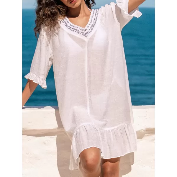 imageCUPSHE Women Stitching VNeck Flounce CoverUp Dress Short Sleeves Cover Ups Casual Beach SummerWhite
