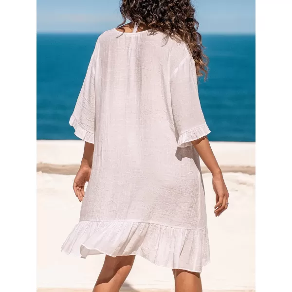 imageCUPSHE Women Stitching VNeck Flounce CoverUp Dress Short Sleeves Cover Ups Casual Beach SummerWhite