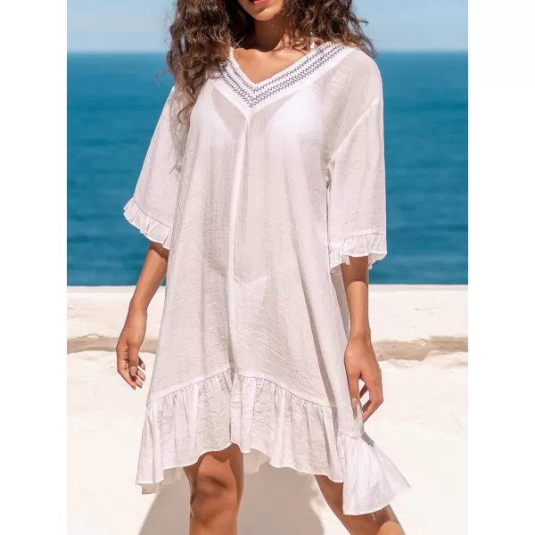 imageCUPSHE Women Stitching VNeck Flounce CoverUp Dress Short Sleeves Cover Ups Casual Beach SummerWhite