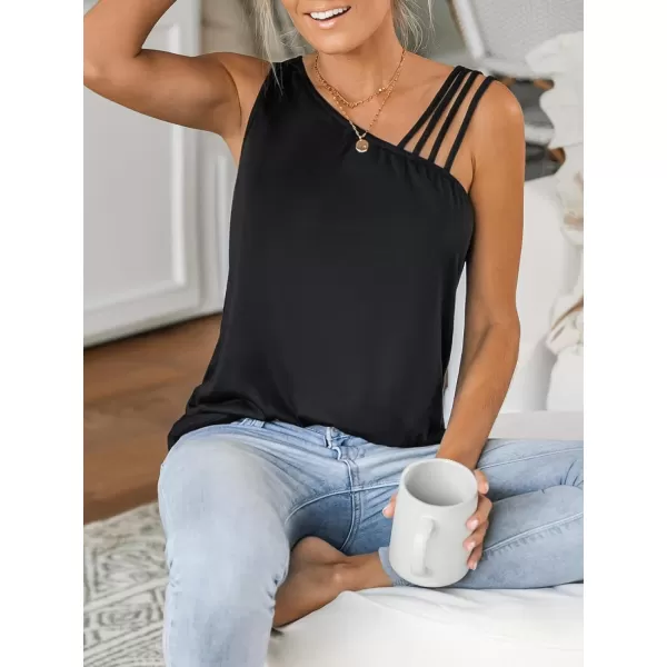 imageCUPSHE Women Strappy Asymmetrical Neck Blouse Top Sleeveless Black BlouseBlack