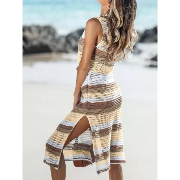 imageCUPSHE Women Striped Crochet Midi CoverUp Dress Sleeveless Lace Sexy Beach Cover Up Casual SummerYellow
