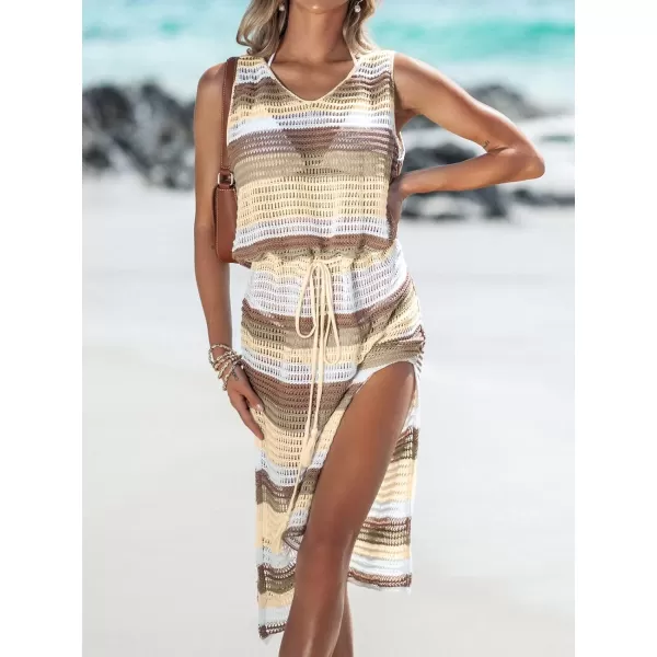 imageCUPSHE Women Striped Crochet Midi CoverUp Dress Sleeveless Lace Sexy Beach Cover Up Casual SummerYellow
